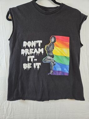 ROCKY HORROR cult Classic Black Sleeveless Tee with Rainbow Flag Print